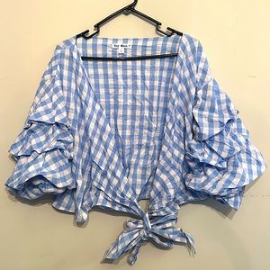 Gingham Wrap shirt Blue White Buffalo Check v neck puffy sleeve Med